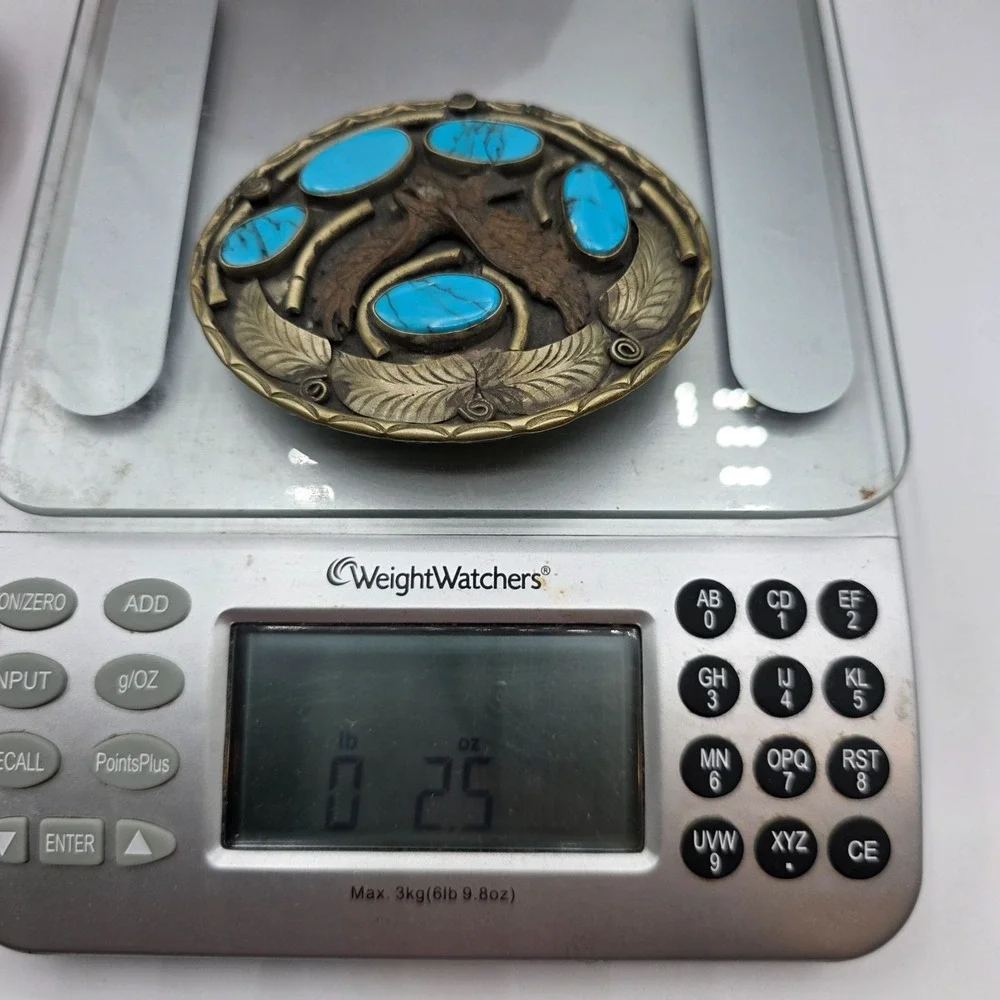 Vintage Navajo SS‎ Mark Eagle Belt Buckle Turquoise Stones Brass Tone Western